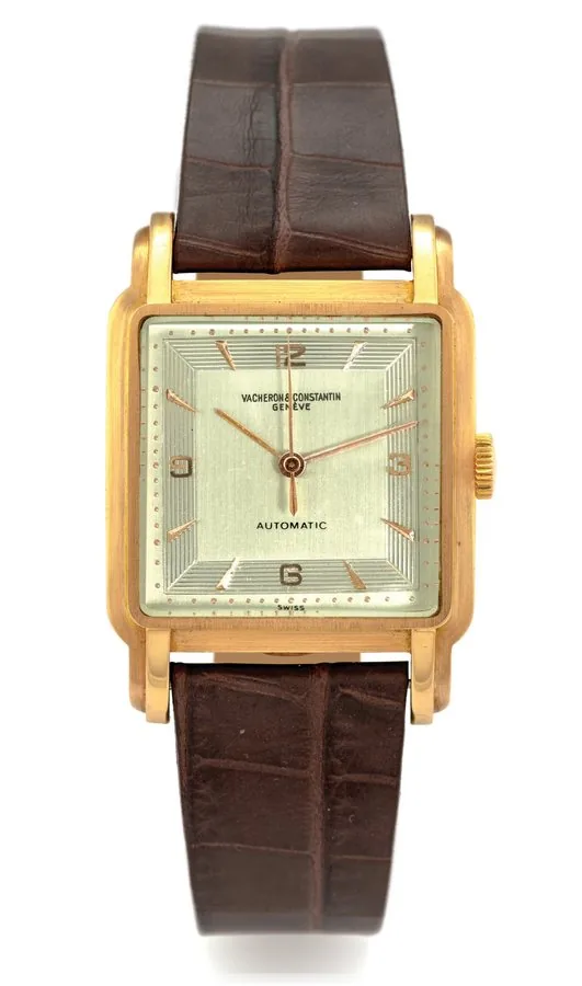 VACHERON CONSTANTIN SMALL CIOCOLATONE PINK GOLD Vacheron & Constantin, Genève, "Automatic" movement No. 501154, case No. 326273. Made in the late 1950s. Very fine and very rare, curved square, center seconds, self-winding, 18K pink gold wristwatch.