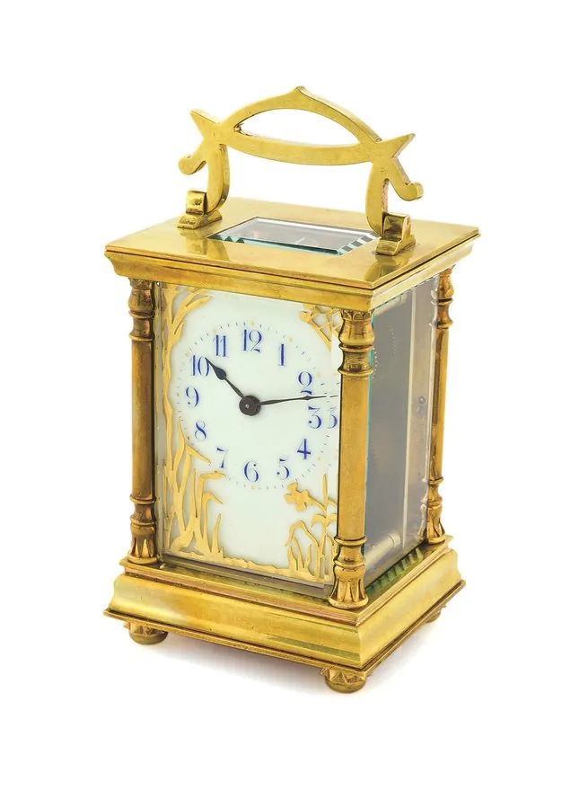 ART NOUVEAU CARRIAGE CLOCK French. Made circa 1900. Fine, gilt brass, 8-day going carriage clock