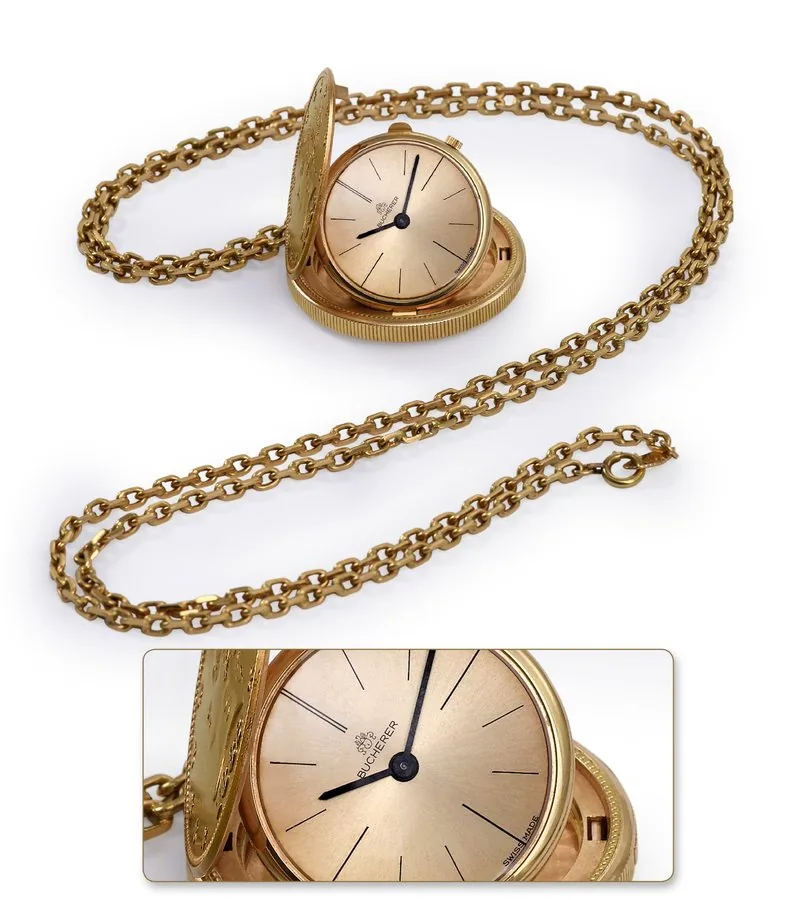 BUCHERER 10 DOLLAR COIN WATCH Bucherer. Made circa 1960. Very fine, keyless, 18K yellow gold purse watch, set into a 10 Dollar coin dated 1882. Accompanied by an 18K yellow gold chain and pouch. To be sold without reserve