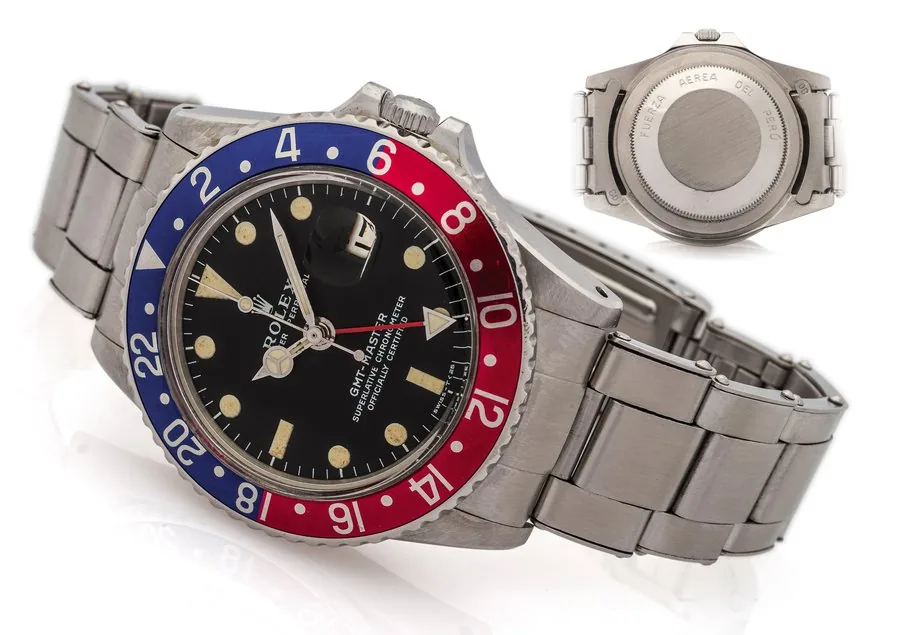 ROLEX REF. 1675 GMT MASTER FUERZA AERA DEL PERU STEEL Rolex, Oyster Perpetual, GMT Master, Superlative Chronometer, Officially Certified, case No. 3262795, Ref. 1675. Made for the Fuerza Aera del Peru in 1972. Fine, two time zone, center seconds, self-winding, water-resistant, stainless steel wristwatch with date, 24-hour bezel and hand and a stainless steel Rolex Ref. 7206 riveted bracelet.