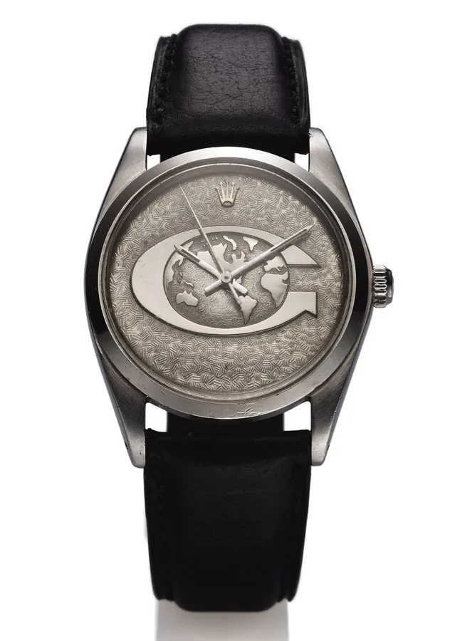 ROLEX REF. 1018 GLOBAL INSURANCE LOGO STEEL Rolex, "Oyster Perpetual, Superlative Chronometer, Officially Certified," case No. 1270063, Ref. 1018. Made in 1965 for the Global Insurance Co. for promotional purposes. Very fine and extremely rare, center seconds, self-winding, water- resistant, stainless steel wristwatch.