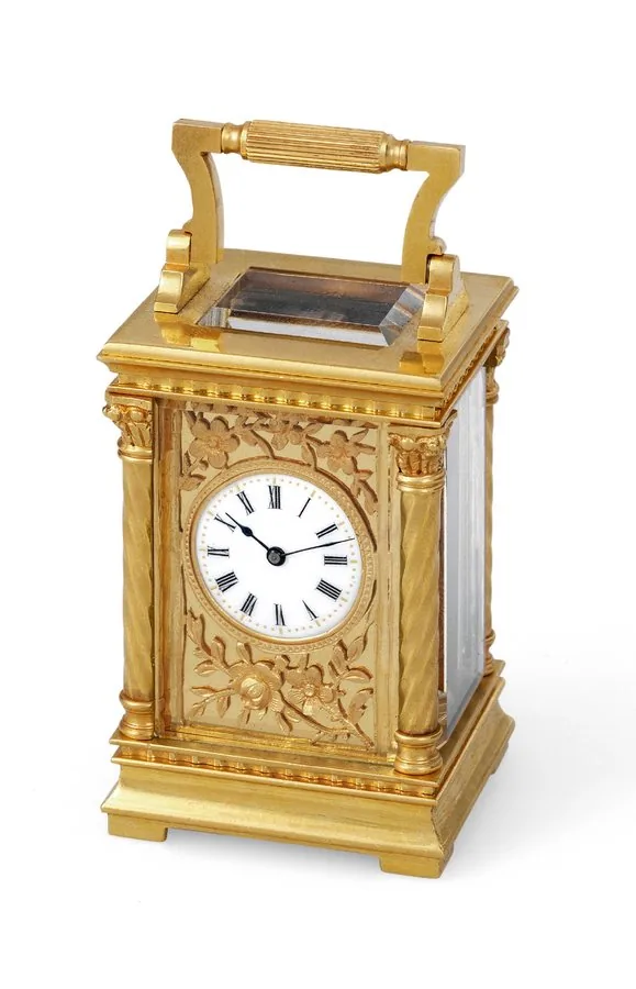 Miniature Carriage Clock French, No. 1324. Made circa 1890. Fine and rare, miniature, gilt brass, 8-day going carriage clock. To be sold without reserve