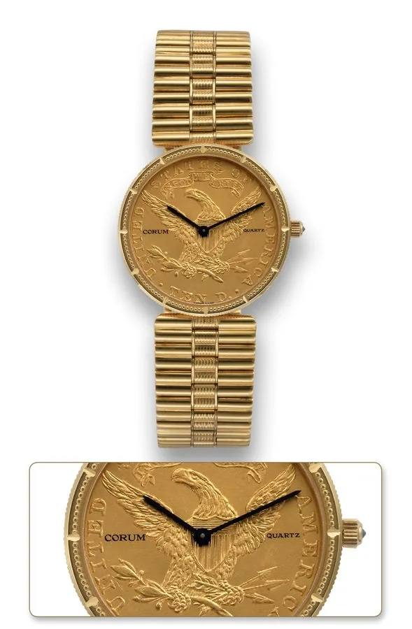 CORUM TEN DOLLAR COIN WATCH Corum, No. 324870, case No. 476096. Made in the 1990's. Fine, 18K yellow gold quartz wristwatch inserted in a $10 US gold coin dated 1894 with an integral 18K yellow gold Corum tubular link bracelet with double deployant clasp.