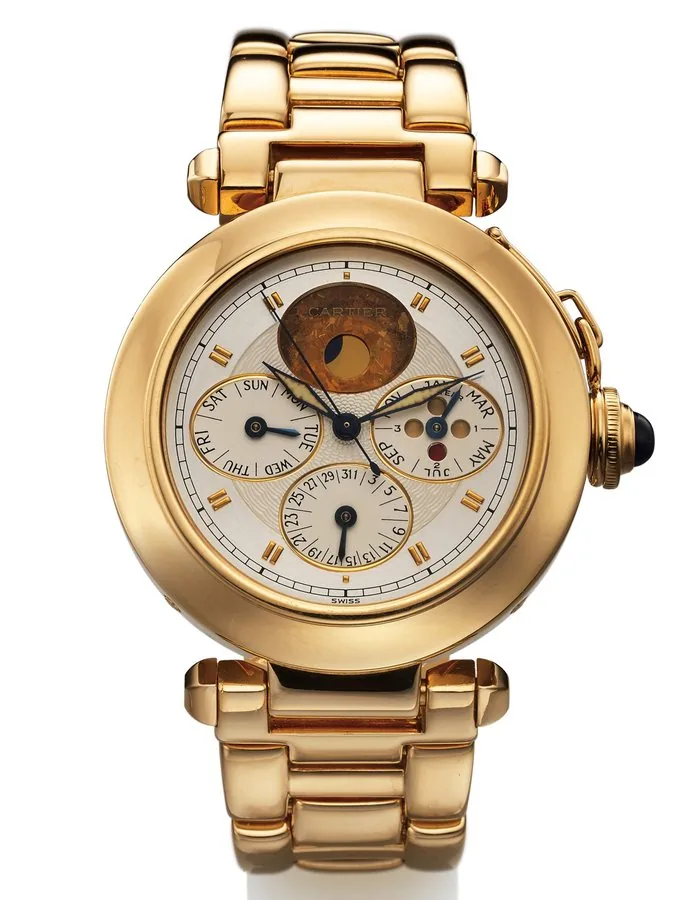 CARTIER PASHA REF. MG246506 PERPETUAL CALENDAR YELLOW GOLD AUTOMATIC Cartier, Pasha, perpetual calendar, case No. 0975. Ref. MG218810. Made in the 1990s. Fine and unusual, center seconds, self-winding, water-resistant, 18K yellow gold wristwatch with perpetual calendar, leap year indication, moon phases and an 18K yellow gold Cartier link bracelet with double deployant clasp. Accompanied by a fitted box, instruction booklet, and an extra link.