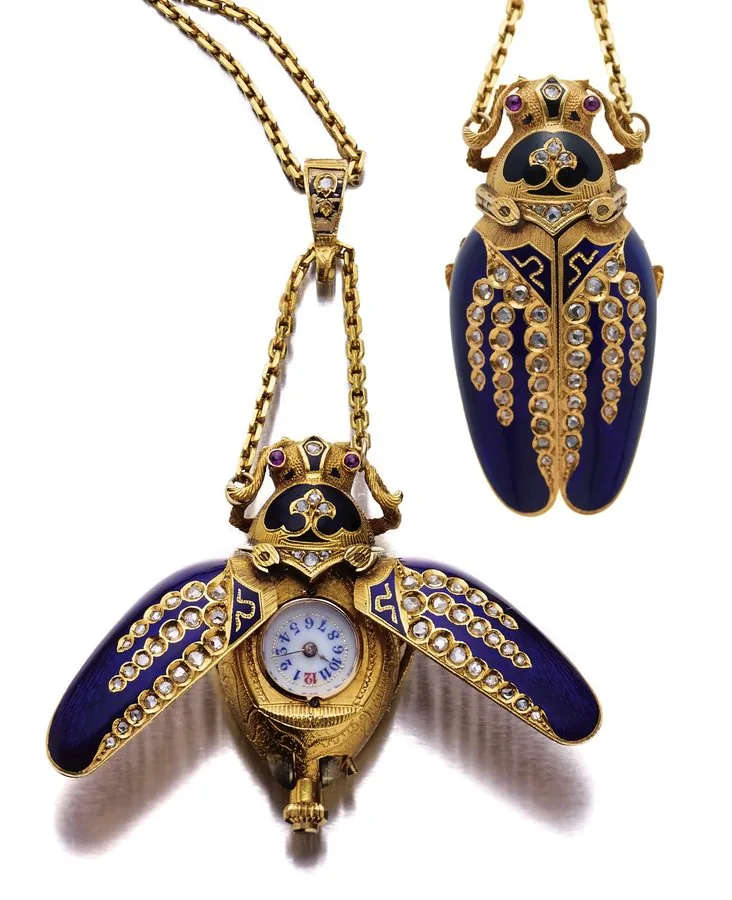 THE ART NOUVEAU BEETLE Swiss. Made circa 1900. Very fine and very rare, Art Nouveau yellow gold, enamel and rose-cut diamond-set lady's keyless pendant watch in the form of a beetle with concealed dial.