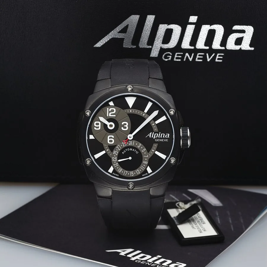 ALPINA REF. AL950X AUTOMATIC, REGULATOR DIAL Alpina, Geneve, Automatic, case No. 1622955. Sold January 15th, 2013. Fine, self-winding, water-resistant, stainless steel PVD-coated wristwatch with date and a stainless steel Alpina deployant clasp. Accompanied by the original fitted box, instruction booklet and certificate.
