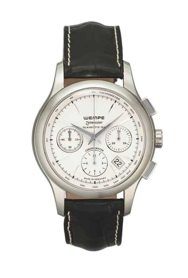WEMPE ZEITMEISTER STEEL Wempe ''Zeitmeister'', Chronometer, No 003797, case No. 521400. Made in 2012. Fine, self-winding, water resistant, stainless steel wristwatch with date, square button chronograph, registers, tachometer, date and stainless steel Wempe deployant clasp.