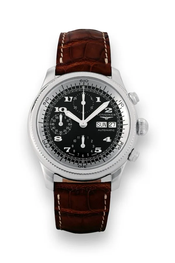 Longines SwissAir Exclusive Limited Edition No. 5 Longines, 'Weems Chronograph, Automatic", No. 1144, Ref L2.625.4. Made in limited edition for Swiss Air in the 1990s. Sold on June 12th, 1994 during a SwissAir flight from Geneva to Los Angeles. Fine, water-resistant, self-winding, stainless steel aviator's wristwatch with round button chronograph, registers, tachometer, day/date and a stainless steel Longines buckle. Accompanied by fitted box, instructions booklet, certificate and the original b