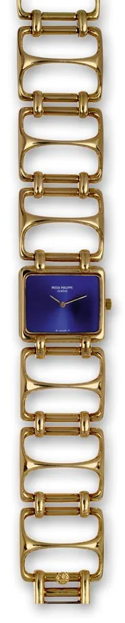 Ref. 4237, Yellow Gold Bracelet Watch Patek Philippe, Geneve, movement No. 1390341, case No. 526547, Ref. 4237/1. Sold on August 9, 1982. Very fine and unusual, rectangular, 18K yellow gold lady's bracelet watch with integral 18K yellow gold Patek Philippe link bracelet. Accompanied by the Certificate of Origin and a box.