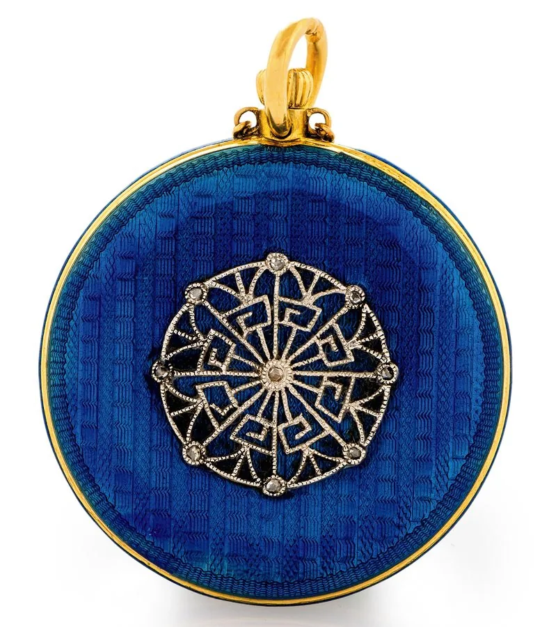 LONGINES - GOLD, ENAMEL, PLATINUM & DIAMOND PENDANT WATCH Longines, No. 2411665, case No. 24116 61. Made circa 1905. Fine and elegant, Belle Epoque 18K gold, enamel, platinum and diamond-set lady's keyless pendant watch.