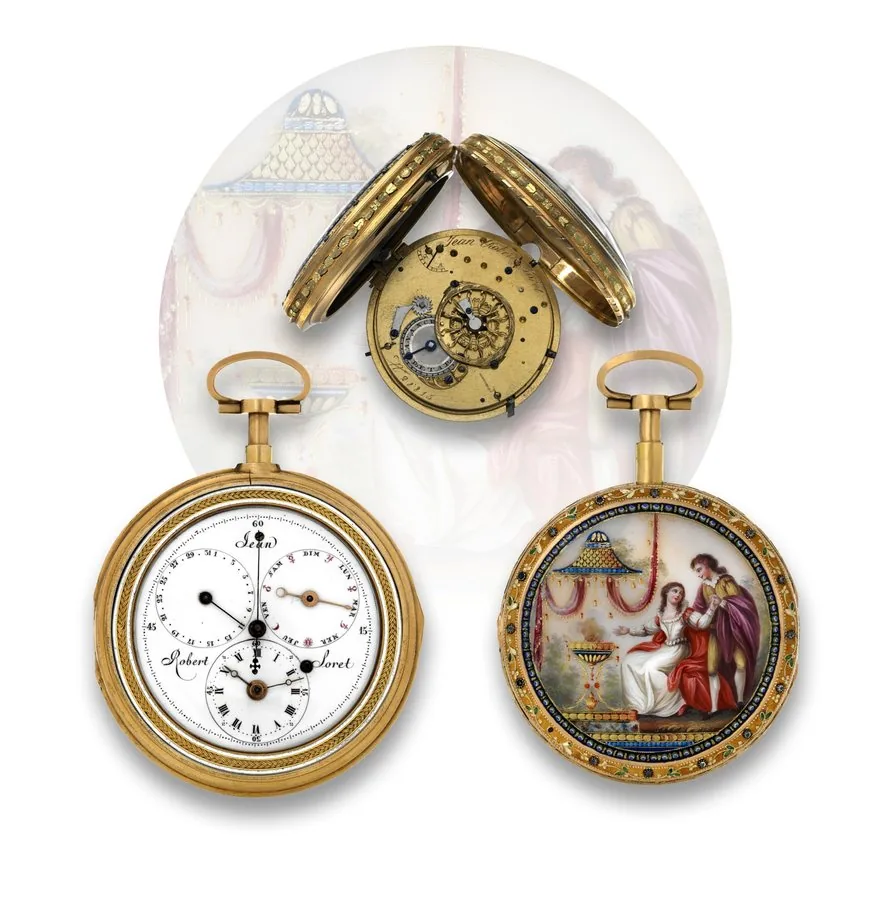 SORET ' QUARTER REPEATING & CENTER SECONDS WATCH WITH DUAL CALENDAR & REGULATOR DIAL Jean Robert Soret, (Geneva), No. 28815. Made circa 1790. Extremely fine and very rare, center-seconds, quarterrepeating, 18K gold and painted on enamel pocket watch with dual calendar, regulator dial and git-metal outer protecting case.
