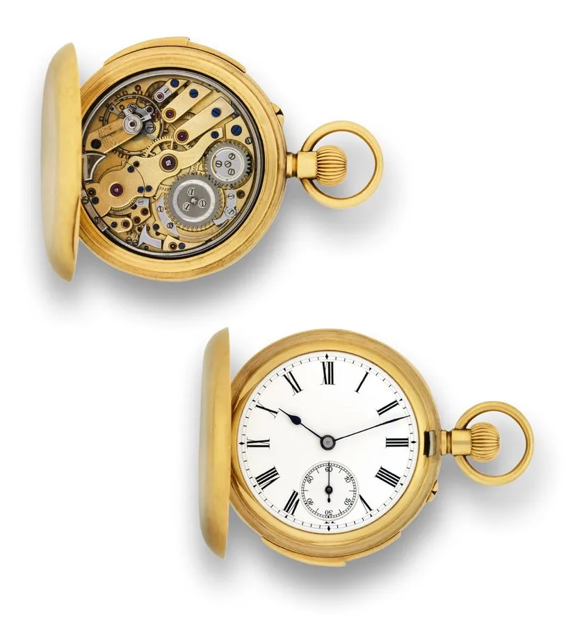 SMALL MINUTE REPEATING WATCH Swiss, case No. 63295. Made circa 1890. Fine and rare, small, minute-repeating, hunting-cased, keyless, 18K gold pocket watch.