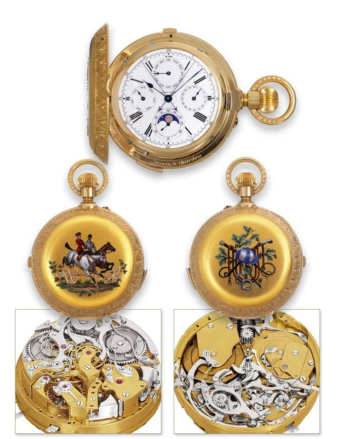 The Hunt Watch with 13 Complications Gideon & Co., Locle, Swiss, No. 86825, the movement attributable to Henry Grandjean & Cie., (Le Locle). Made for the Indian market, circa 1900, sold to the Sixth Nizam of Hyderabad, Mahbub Ali Khan (reigned 1869 '1911). Very fine, important and rare, grande and petite sonnerie, minute-repeating, heavy 18K yellow gold, painted on enamel and rose-cut diamond-set eight day going two-train keyless clockwatch with triple date, chronograph, central progressive minu