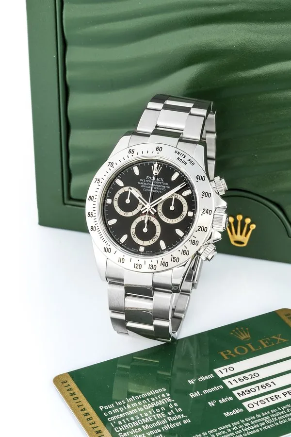 ROLEX DAYTONA REF. 116520 STEEL NEAR MINT CONDITION Fine, self-winding, water-resistant, stainless steel chronograph wristwatch.
