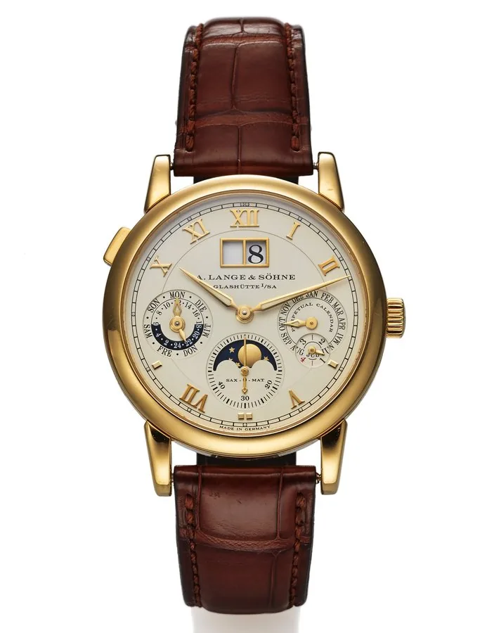 A. LANGE & SOHNE REF. 310.021 LANGEMATIC PERPETUAL CALENDAR YELLOW GOLD A. Lange & Söhne, Glashütte i./Sa., Langematik Perpetual, Ref. 310.021. Production of this reference started in 2001. Very fine and rare, self-winding, water-resistant, 18K yellow gold wristwatch with perpetual calendar, leap year indication, oversized date, 24-hour indication, moon phases and an 18K yellow gold Lange & Sohne folding buckle.