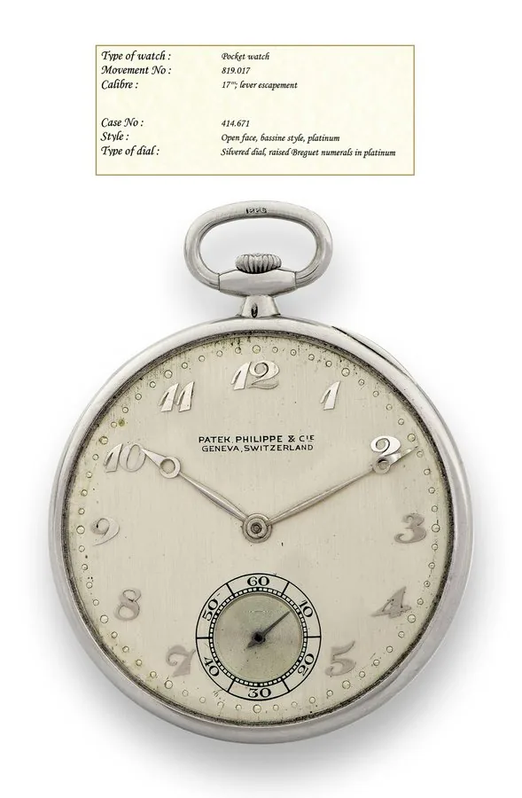 PATEK PHILIPPE PLATINUM DRESS WATCH, BREGUET NUMERALS Patek Philippe & Cie, Geneva, Switzerland, No. 819017, case No. 414671. Made in 1928, sold on September 26th, 1931. Fine and rare, thin, platinum keyless dress watch with platinum Breguet numerals. Accompanied by the Extract from the Archives.