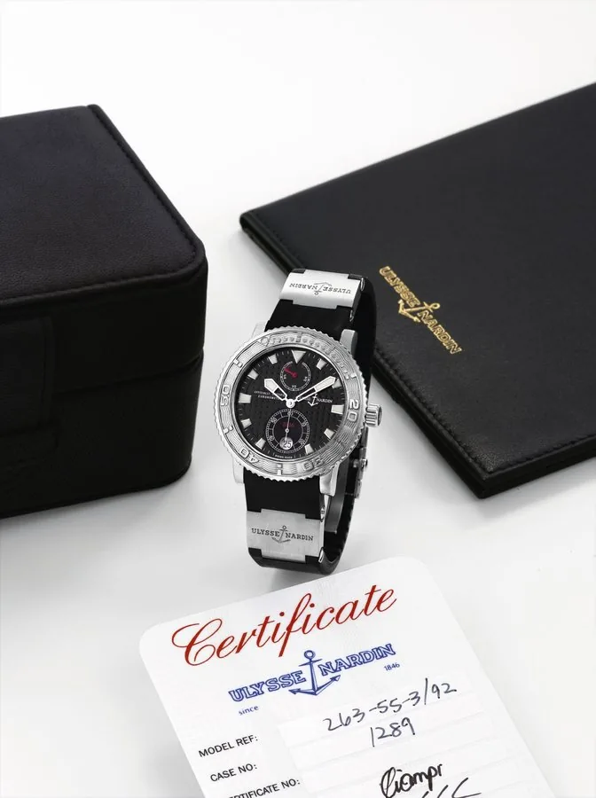 ULYSSE NARDIN ' Maxi Marine Chronometer Marine Chronometer Ulysse Nardin, "Marine Chronometer 1846, Officially Certified Chronometer'. No. 1289, Ref. 263-55. Made in 2007, sold on April 27, 2007. Fine, self-winding, water-resistant, stainless steel chronometer wristwatch with date, power reserve, two titanium bracelet sections and a titanium Ulysse Nardin double deployant locking clasp. Accompanied by Ulysee Nardin box, instructions, dated (void) guarantee card and COSC certificate.