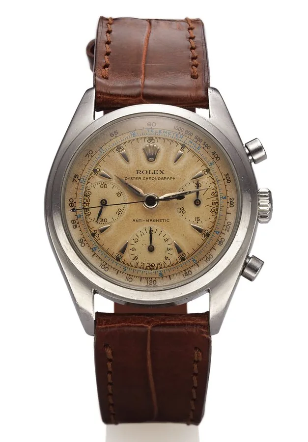 ROLEX REF. 6034 PRE-DAYTONA STEEL Rolex, Oyster Chronograph, Anti-Magnetic, case No. 907678, Ref. 6034. Made in the 1950's. Fine and rare, water-resistant, stainless steel wristwatch with round button chronograph, registers, tachometer, telemeter and a steel Rolex buckle.