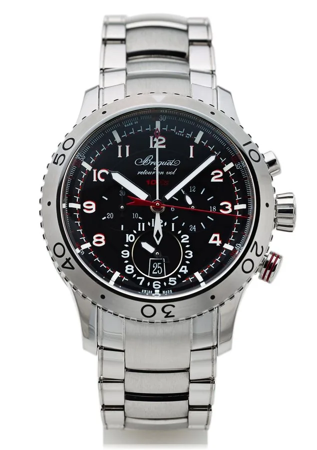 BREGUET REF. 3880 GMT FLY-BACK CHRONOGRAPH TYPE XXII STEEL Breguet, Type XXII, case No. 97087, Ref. 3880. Made circa 2010. Fine and rare, water-resistant, stainless steel wristwatch with GMT, round button fly-back chronograph, registers, date and a stainless steel linked bracelet with Breguet deployant clasp. Accompanied by the hang tag.
