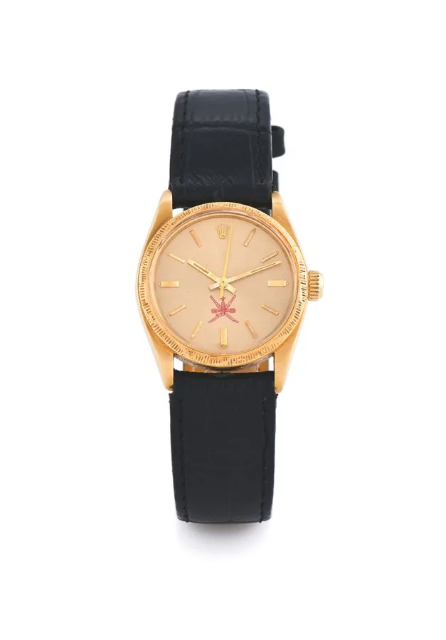 Rolex, Ref. 6744, Oman Sword Logo Rolex, 'Oyster Perpetual', No. 3760425, Ref. 6744/6751. Made in 1974. Fine, center seconds, self-winding, 18k yellow gold mid-size wristwatch