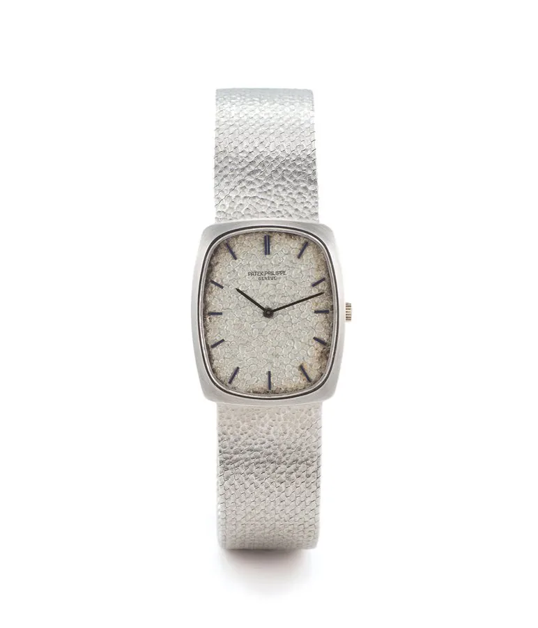 PATEK PHILIPPE REF. 3506/3 WHITE GOLD Patek Philippe Genève, No. 1168218, case No. 2705086, Ref. 3506/3. Made circa 1960s. Fine, manual-winding, rectangular, thin, 18K white gold and diamond wristwatch with an 18K white gold Patek Philippe integrated bracelet.