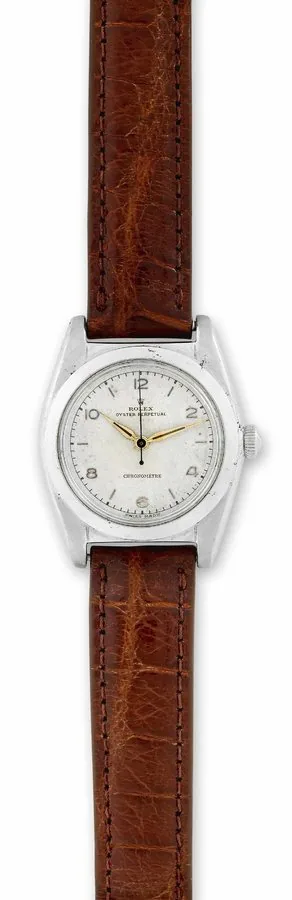 Ref. 5015 Stainless Steel Rolex 'Oyster Perpetual Chronometer," Ref. 5015. Made circa 1950. Fine, tonneau-shaped, center seconds, self-winding, waterresistant, stainless steel chronometer wristwatch.