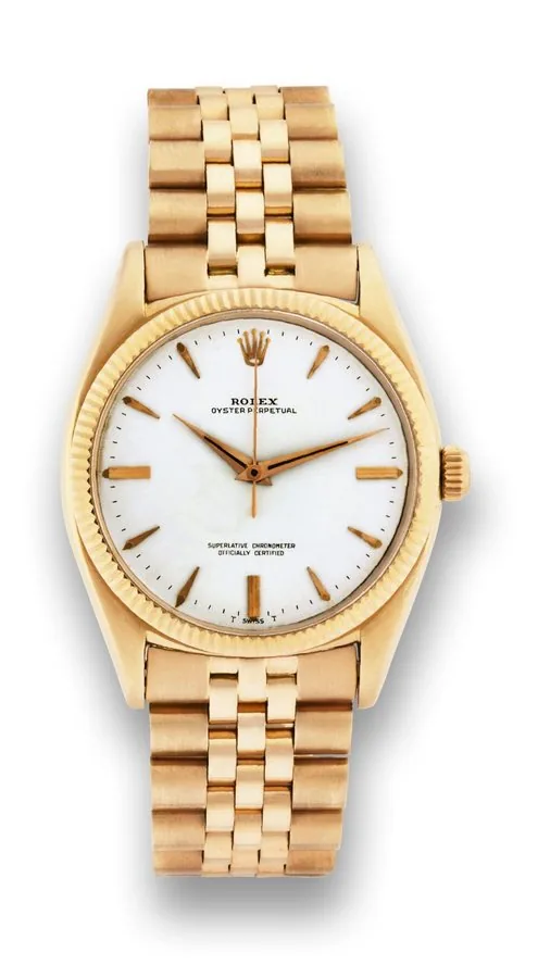 ROLEX REF. 1013 PINK GOLD Rolex, 'Oyster Perpetual, Superlative Chronometer, Officially Certified,' case No. 488206, Ref. 1013. Made circa 1958. Fine and rare, center seconds, selfwinding, water-resistant, 18K pink gold wristwatch with an 18K pink gold Rolex Jubilee bracelet.
