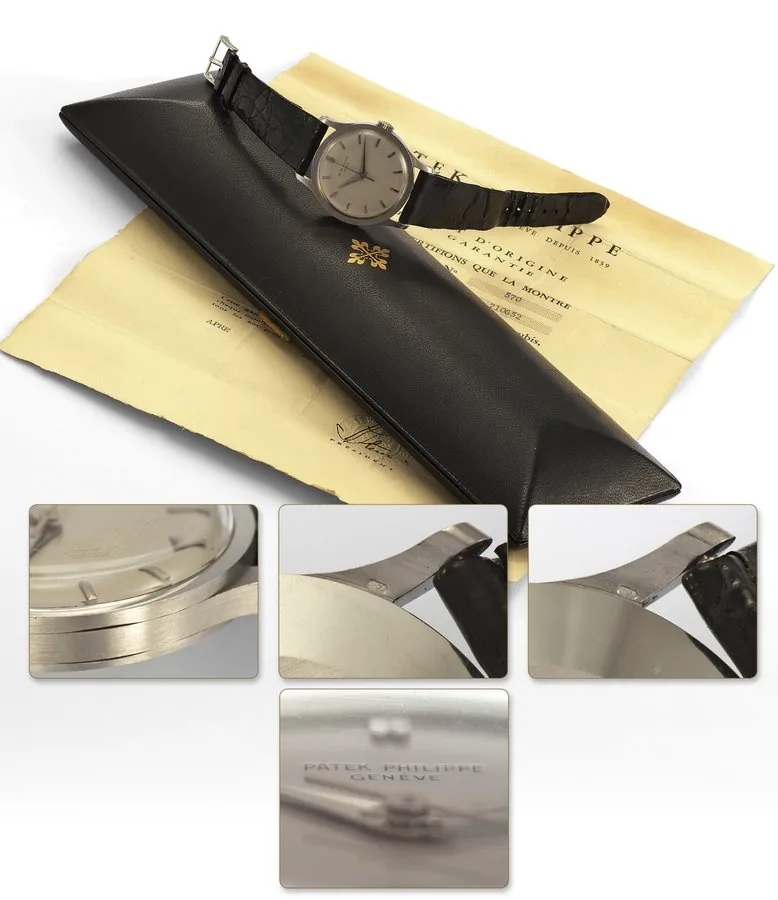 PATEK PHILIPPE REF. 570 OVERSIZED WHITE GOLD Patek Philippe & Co, Genève, No. 710652, case No. 314049, Ref. 570. Made circa 1963. Very fine and very rare, large, white gold wristwatch with a white gold Patek Philippe buckle. Accompanied by its original fitted box and Certificate of Origin.