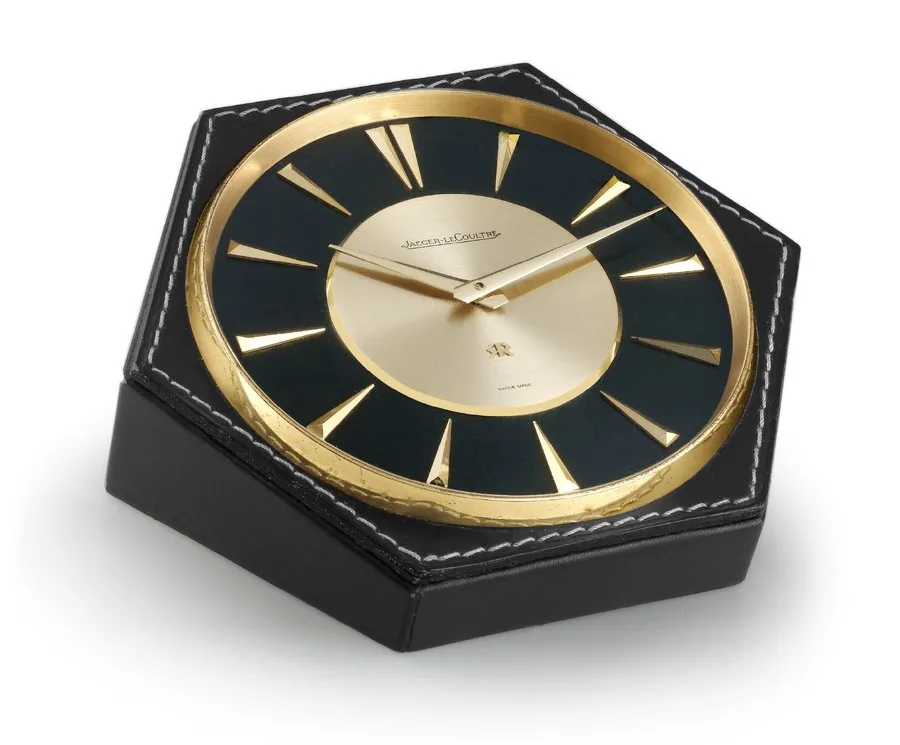 Jaeger-LeCoultre Leather Desk Clock Jaeger-LeCoultre. Made circa 1955. Fine, gilt-brass and leather, 8-day going desk clock.