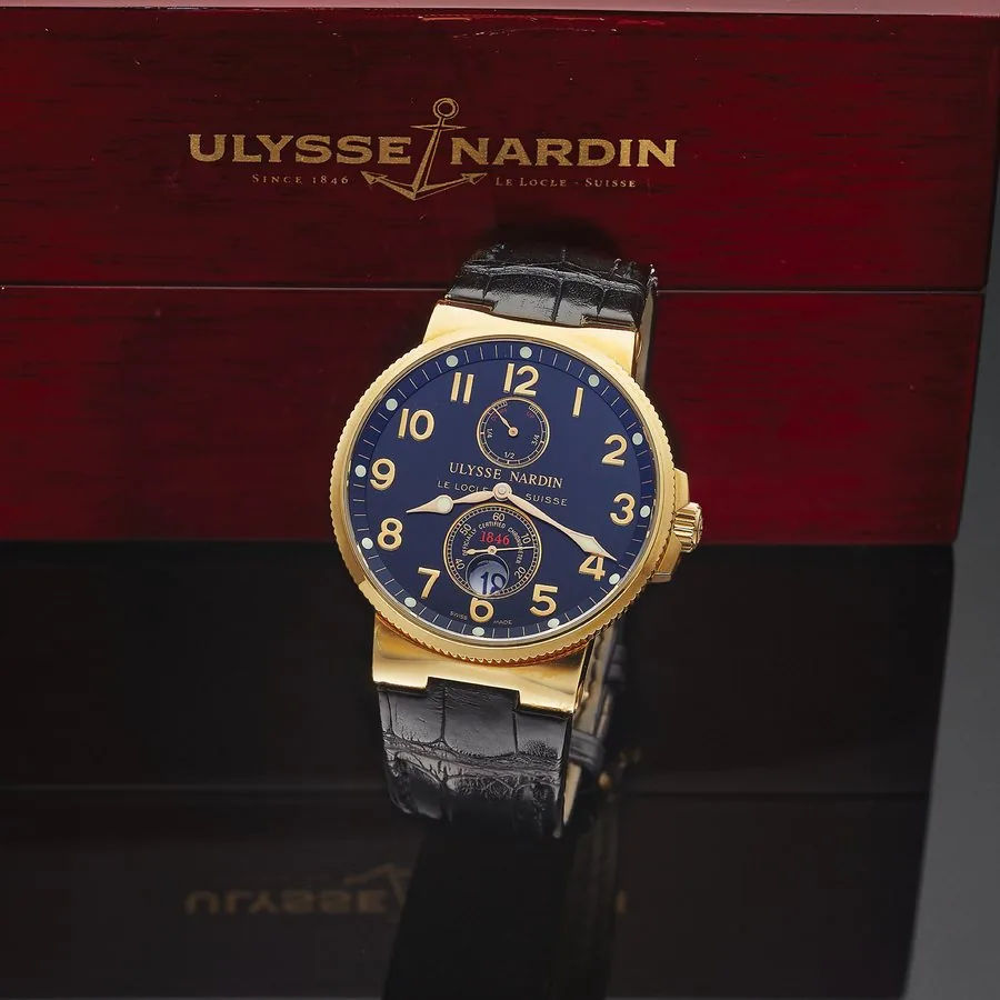 ULYSS E NARDIN REF. 266-66 MARINE CH RONOMETER PINK GOLD Ulysse Nardin, Le Locle, Suisse, Marine Chronometer, Officially Certified, No. 2002, Ref. 266-66. Made circa 2005. Very fine, self-winding, water-resistant, 18K pink gold chronometer diver's wristwatch with date, power reserve indication and an 18K pink gold Ulysse Nardin double deployant clasp. Accompanied by a fitted box.