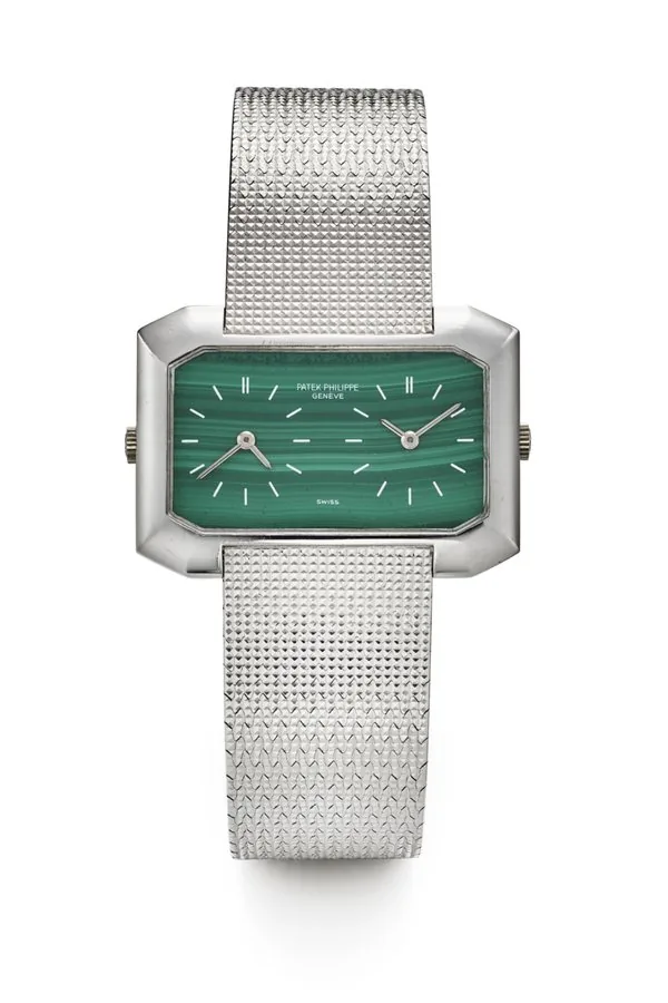 PATEK PHILIPPE REF. 4404-5, TWO-TIME ZONE WITH TWO MOVEMENTS AND MALACHITE DIAL; “ DUAL-TIME” SO-CALLED “GEMINI”; 18K WHITE GOLD