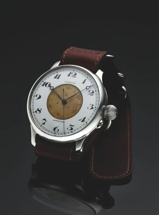 LONGINES WITTNAUER FOR THE JAPANESE AIR FORCE Longines for Wittnauer, No. 5320586, 'Weems' second setting watch. Sold by the American Forces to the Japanese Air Force in 1933. Fine and very rare, hour angle, large, center seconds, sterling silver aviator's wristwatch.
