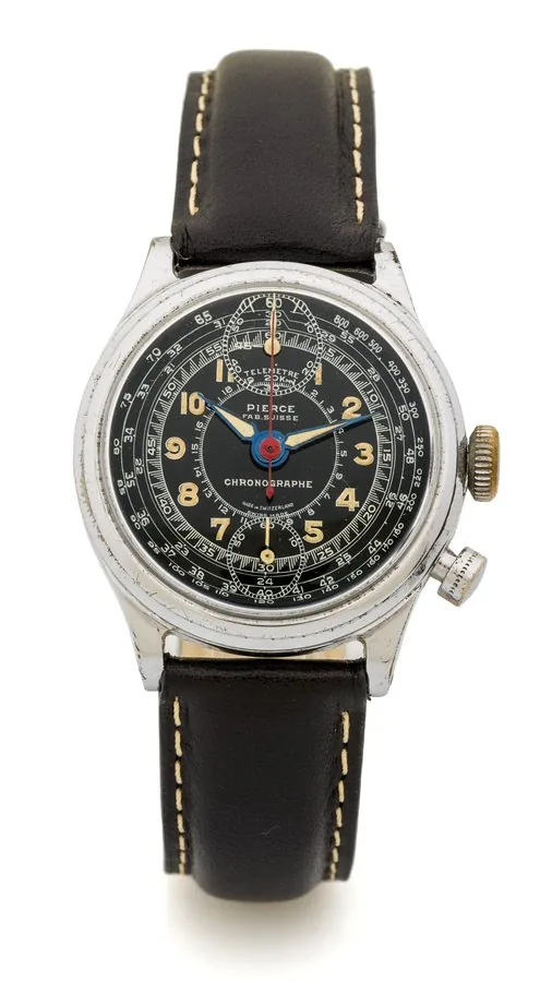 PIERCE, SINGLE BUTTON CHRONOGRAPH, BLACK DIAL An attractive, manual wind, chrome and stainless steel chronograph wristwatch.