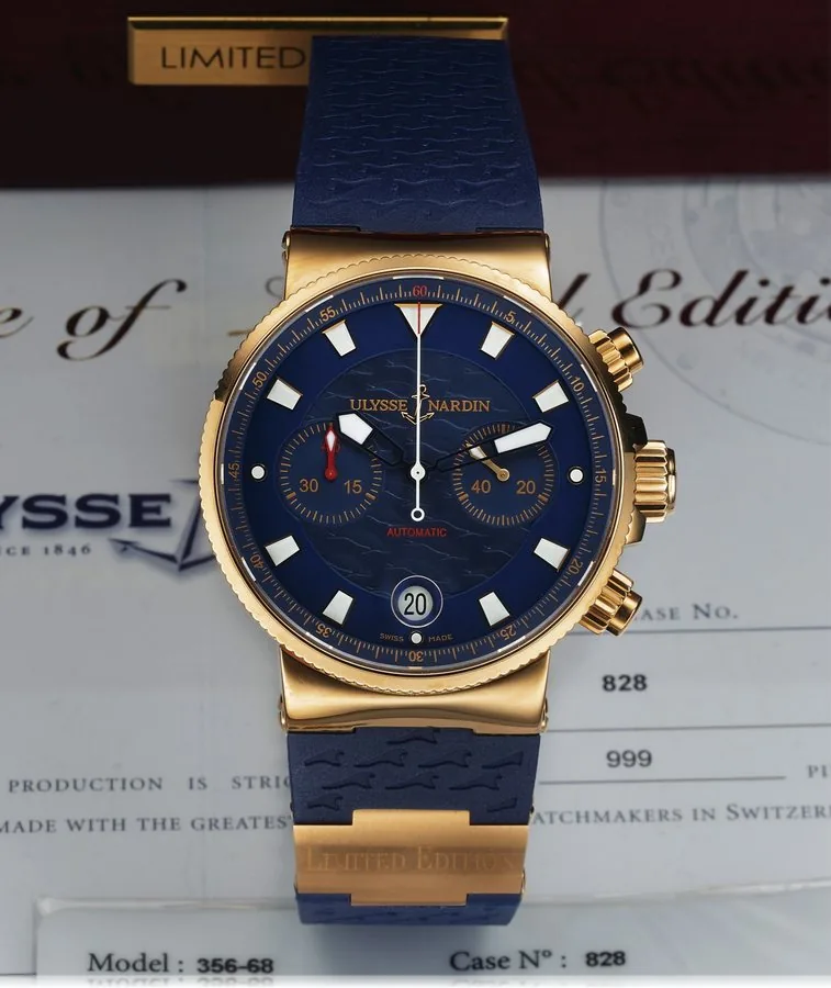 ULYSSE NARDIN REF. 356-68 BLUE SEAL LIMITED EDITION CHRONOGRAPH PINK GOLD Ulysse Nardin, Blue Seal Limited Edition Chronograph, No. 828 / 999, Ref. 356-68. Made in a limited edition of 999 circa 2012. Fine, self-winding, water-resistant, 18K pink gold wristwatch with date and round button chronograph on a blue rubber bracelet with an 18K pink gold section and a Ulysse Nardin 18K pink gold and titanium double deployant locking clasp. Accompanied by the original Ulysse Nardin box, guarantee, certi