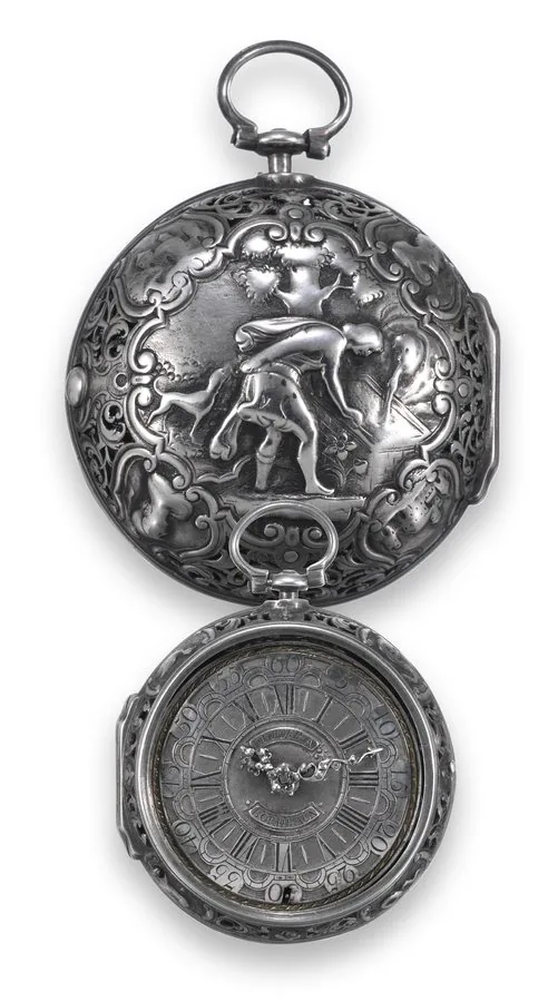 Adonis Dufour a Bordeaux. Made circa 1734. Fine and rare, repoussé silver pair-cased pocket watch with silver balance cock.