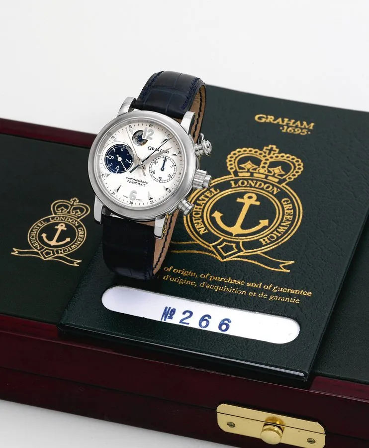 Rattrapante Foudroyante Graham 1695, "Chronographe Foudroyante", Les Monts SA., Neuchâtel - London ' Greenwich, No 266, Ref. 2LI-AS. Made in the 2000's. Very fine, self-winding, water-resistant, stainless steel wristwatch with round button split-seconds chronograph, "foudroyante" at 1/8 second (the hand flies over 360 degrees in one second) and a stainless steel Graham buckle. Accompanied by fitted box and guarantee. To be sold without reserve