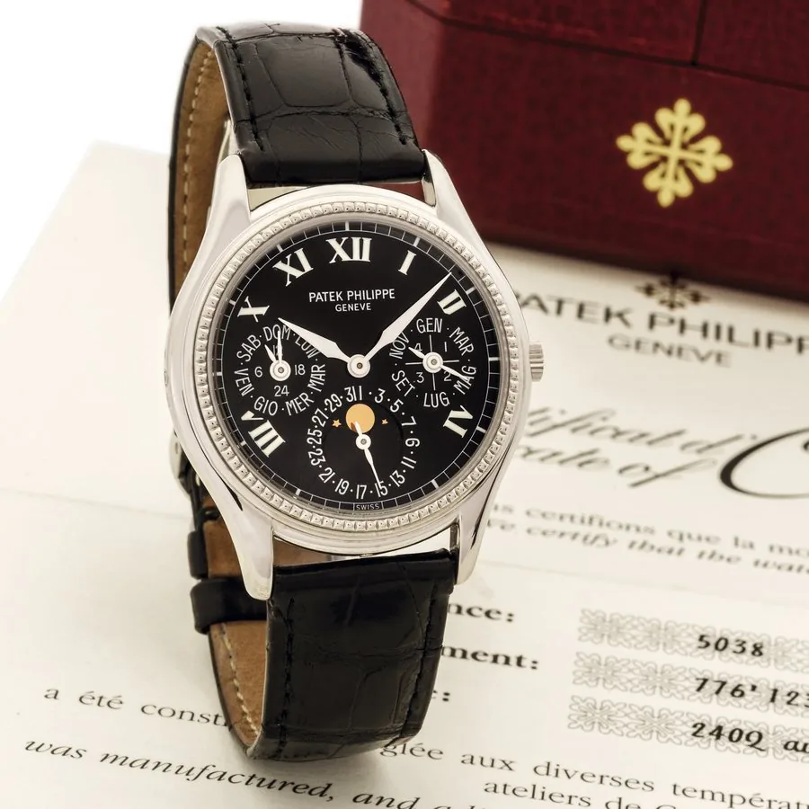 PATEK PHILIPPE REF. 5038 LIMITED EDITION WHITE GOLD Patek Philippe, Genève, movement No. 776123, case No. 4008264 Ref. 5038G. Made in a limited edition of 500 examples in 1996. Very fine and rare, self-winding, 18K white gold wristwatch with perpetual calendar, moon phases and an 18K white gold Patek Philippe buckle. Accompanied by a box, limited series certificate and Certificate of Origin
