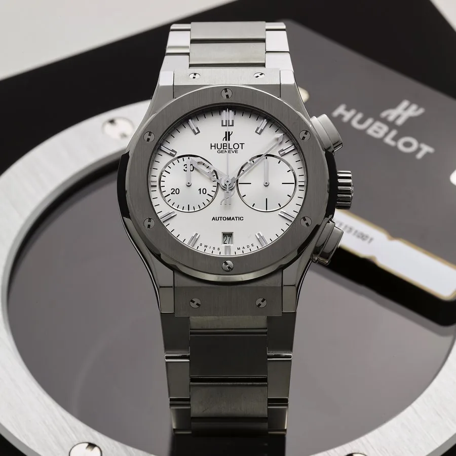 HUBLOT CLASSIC FUSION CHRONOGRAPH BRACELET TITANIUM Hublot, Genève, "Classic Fusion, Chronograph, Automatic," Made circa 2014. Fine and unusual, self-winding, water- resistant, titanium wristwatch with square-button chronograph, register, date and an integrated Hublot titanium bracelet. Accompanied by a fitted box and warranty.