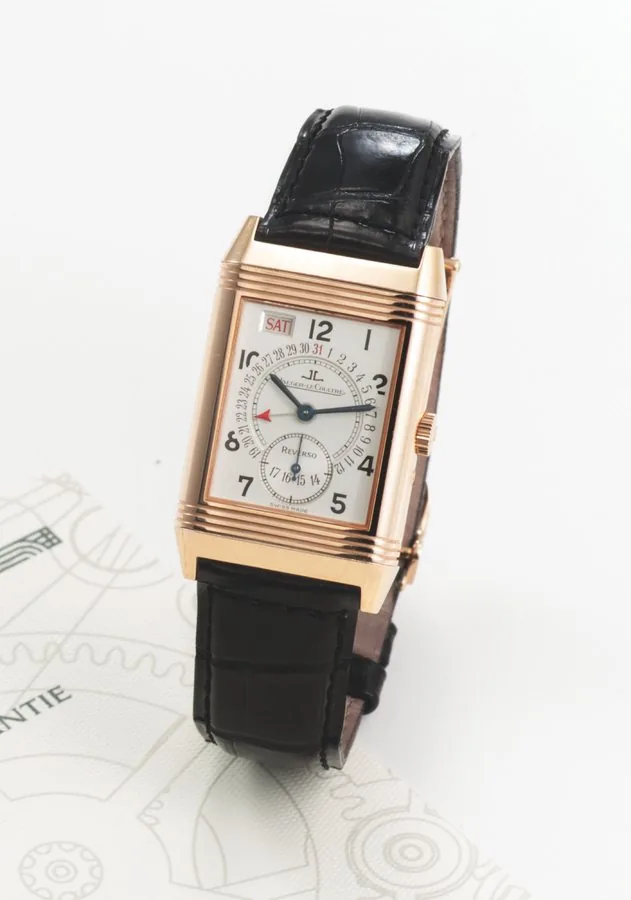 JAEGER LECOULTRE, REF. 270.2.36, REVERSO DAY DATE, PINK GOLD Jaeger-LeCoultre, 'Reverso'' Day Date, case No. 1858641, Ref. 270.2.36. Made in the 2000s. Very fine, rectangular, 18K pink gold reversible wristwatch with day and date indications and an 18K pink gold Jaeger- LeCoultre deployant clasp. Accompanied by Certificate.