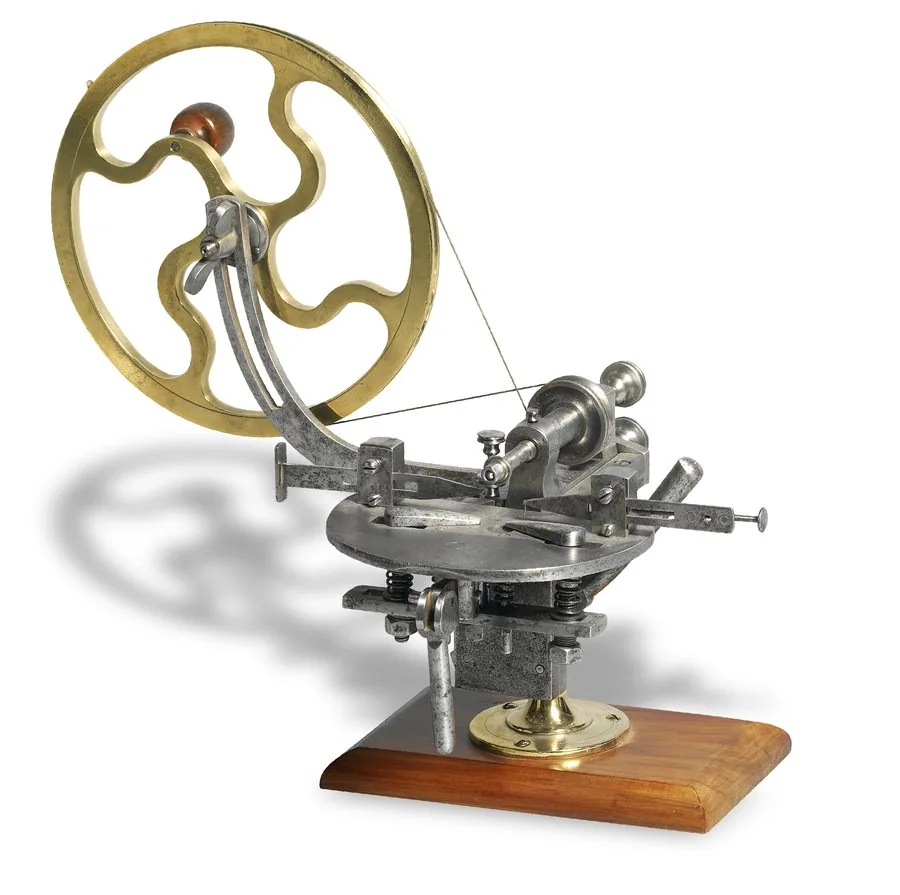 Cutting Engine F. Baverel, Lac-ou-Villers. Dated 1900. Fine and unusual, steel and brass cutting engine on wooden base.