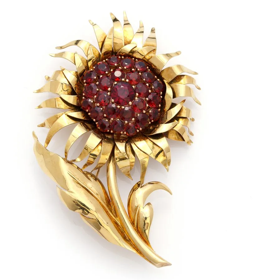 RETRO GARNET SUNFLOWER BROOCH