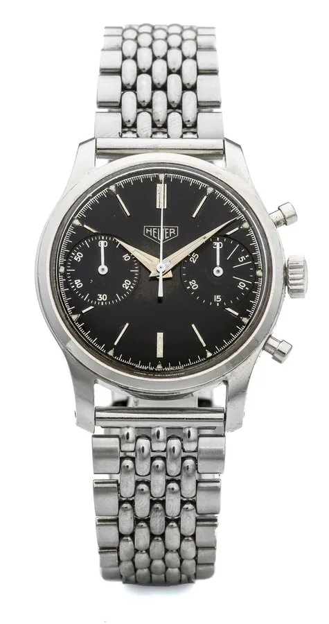 HEUER CHRONOGRAPH, BLACK DIAL A fine, manual wind, stainless steel chronograph wristwatch.