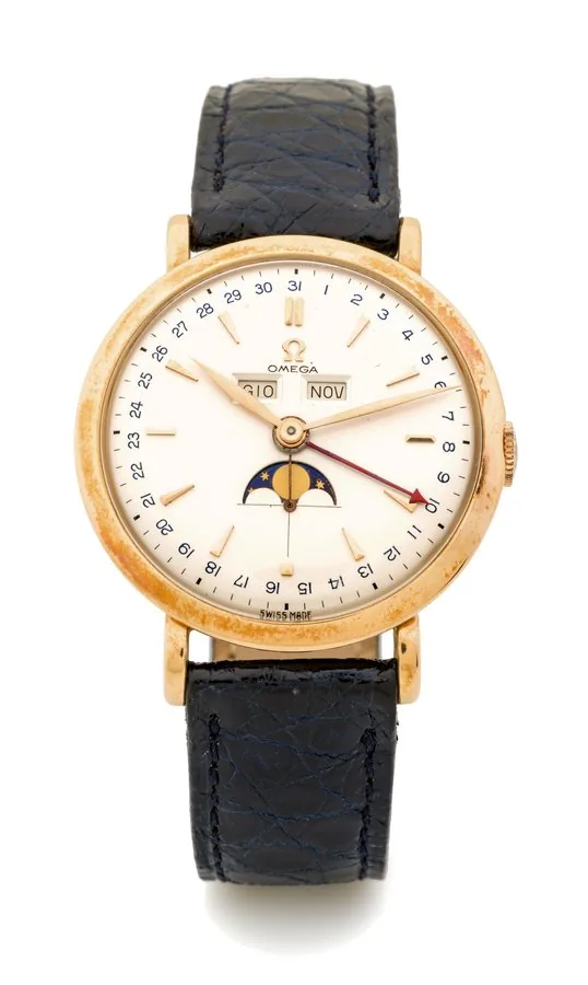 OMEGA TRIPLE DATE MOON PHASES "COSMIC" Very fine and rare, manual winding, 14k yellow gold, wristwatch with triple date.