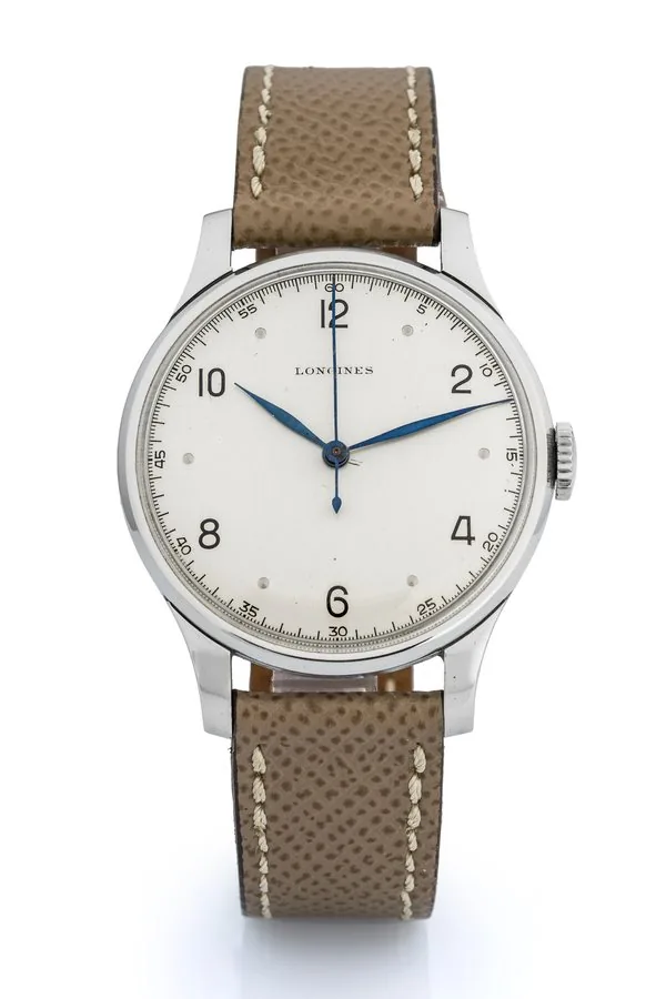 LONGINES, CENTER-SECONDS, STEEL A fine, rare, large and attractive, manual wind, stainless steel center-seconds wristwatch.