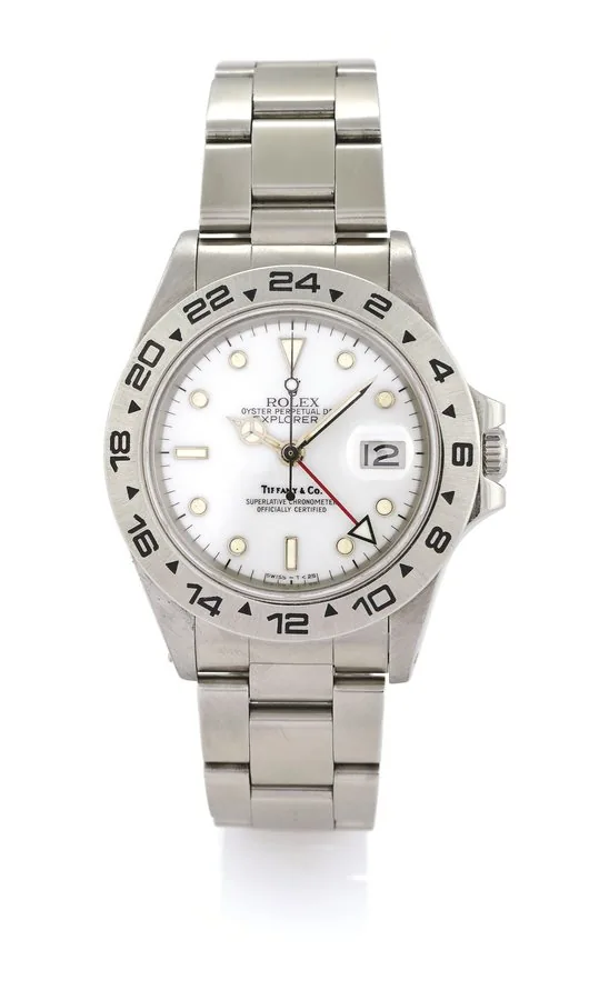 ROLEX REF 16550 TIFFANY DIAL Rolex, 'Oyster Perpetual Date, Explorer II, Tiffany&Co, Superlative Chronometer, Officially Certified,' case No.8867003, Ref. 16550. Made in 1985. Fine and rare, two time zone, center seconds, selfwinding, water resistant, stainless steel wristwatch with date, 24-hour bezel and hand, independently adjustable 12-hour hand and a stainless steel Rolex Oyster bracelet with deployant clasp.
