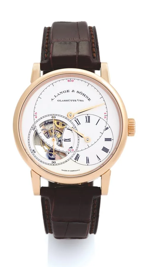 A. LANGE & SOHNE Ref.760.032f RICHARD LANGE TOURBILLON POUR LE MERITE PINK GOLD A. Lange & Söhne, Glashütte i. Sachsen, 'Richard Lange Tourbillon Pour le Merite', movement No. 94629, case No. 204532, Ref. 760.032F. Made in 2013. Extremely fine and rare, 18K pink gold wristwatch with visible one-minute tourbillon, off-center hour dial, large central minute dial and an 18K pink gold A. Lange & Söhne deployant buckle. Accompanied by fitted box, instruction booklet and warranty.