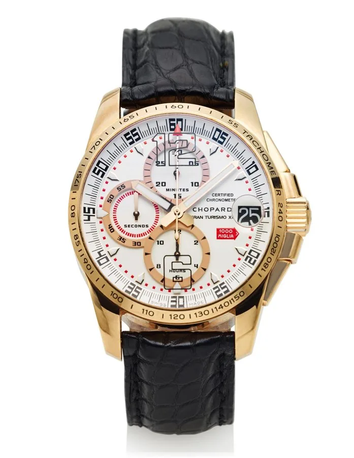 CHOPARD MILLE MIGLIA GT XL CHRONOGRAPH YELLOW GOLD Chopard, Genève, "Mille Miglia GTXL -Gran Turismo XL," Certified Chronometer, No. 432 / 500, case No. 1502388, Ref. 16/1268. Made in a limited edition of 500 pieces in 2007 for the Brescia - Rome - Brescia classic car race. Fine, self-winding, water-resistant to 100m, 18K yellow gold wristwatch with square button chronograph, registers, date, tachometer bezel and an 18K yellow gold Chopard buckle.
