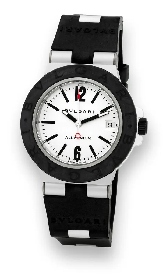 Bulgari - Aluminum & Rubber Bulgari, "Aluminum and Rubber Automatic," case No. M 61899, Ref. AL 38 TA. Made in the late 1990s. Fine, self-winding, water-resistant, aluminum and rubber wristwatch with date on a hinged rubber and aluminum strap and aluminum Bulgari buckle. To be sold without reserve