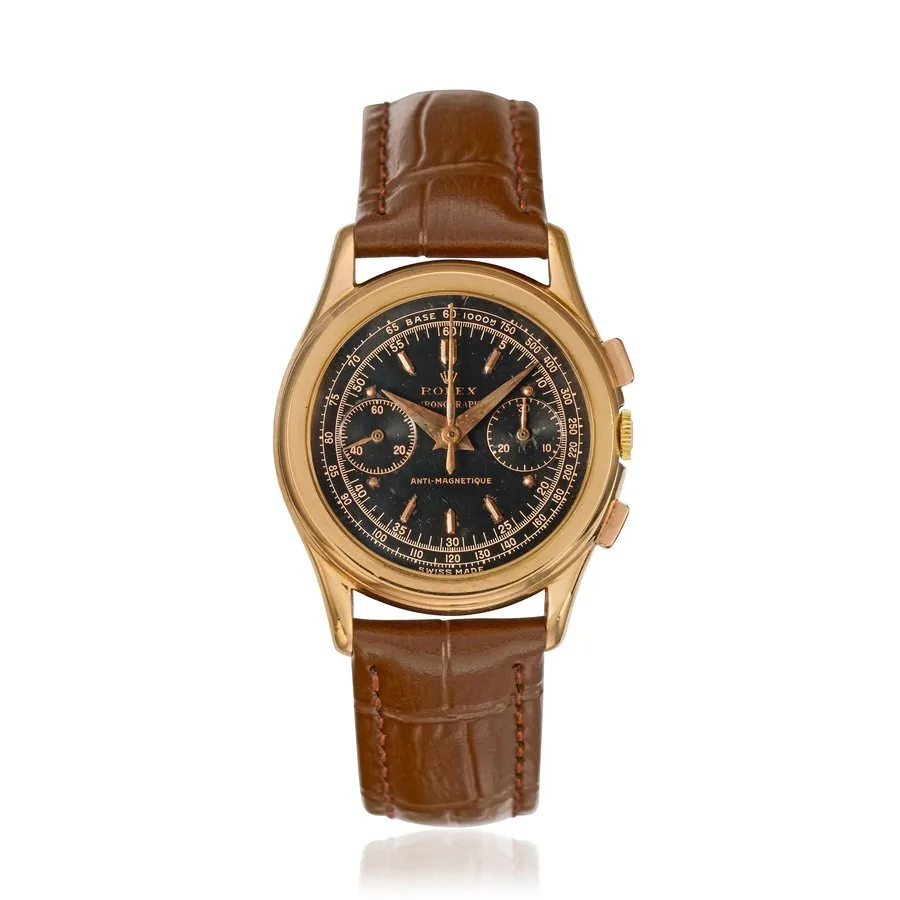 Rolex. An 18K rose gold manual wind chronograph wristwatch Piccolino Anti-Magnetique, Ref: 3055, Circa 1950