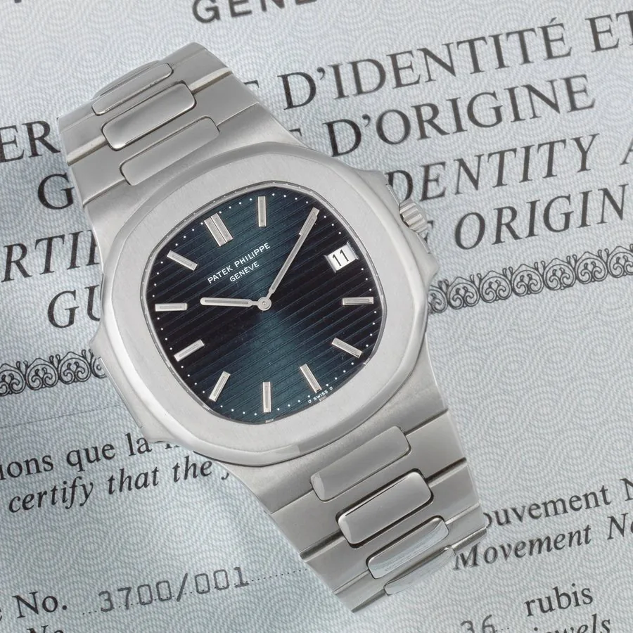 Patek Philippe. A fine and rare stainless steel automatic calendar bracelet watch Nautilus 'Jumbo', Ref: 3700/001, Sold 1st July 1979